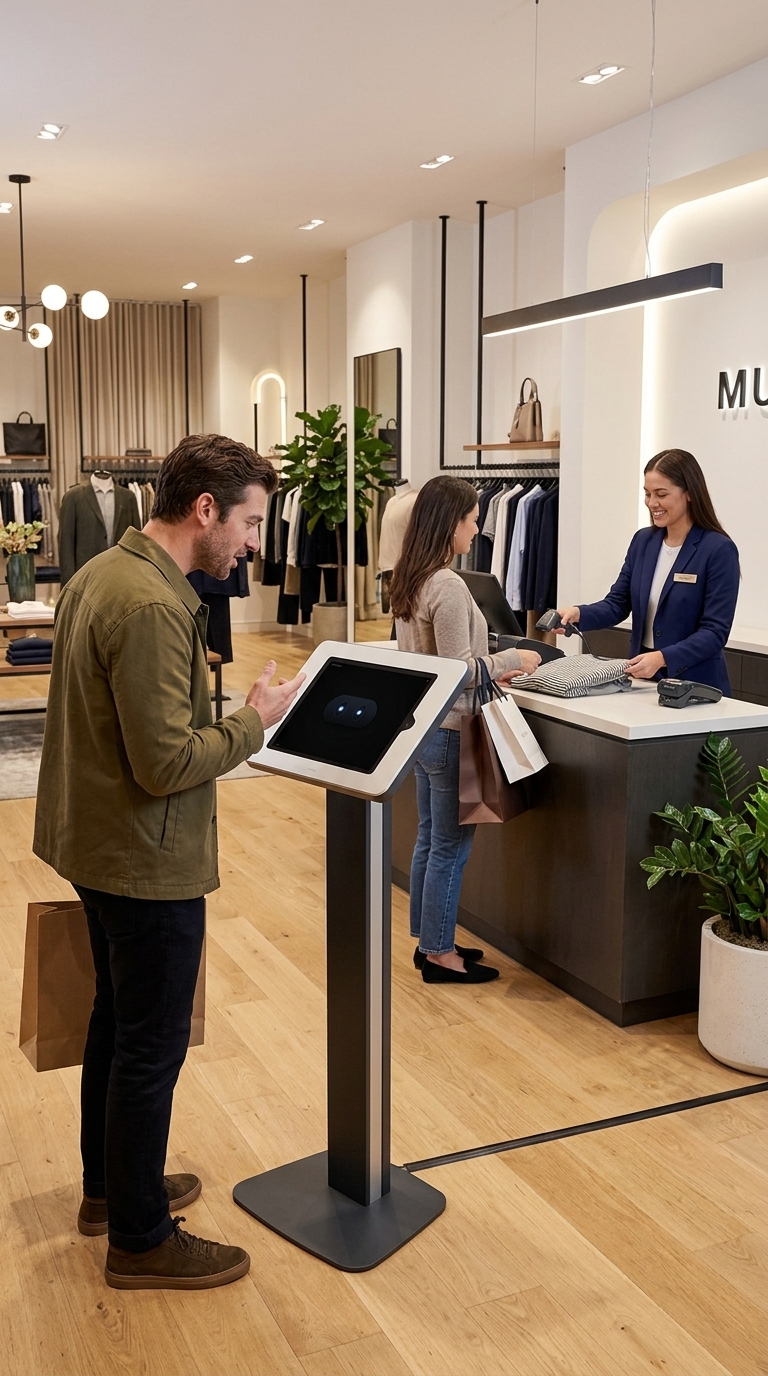 A customer in a retail clothing store asking the Kioskly AI voice assistant a question on a tablet while staff help another shopper.