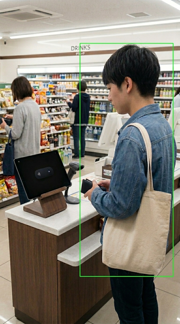 Kioskly AI automatically detecting a customer who approaches the counter in a convenience store, highlighted by a green box.