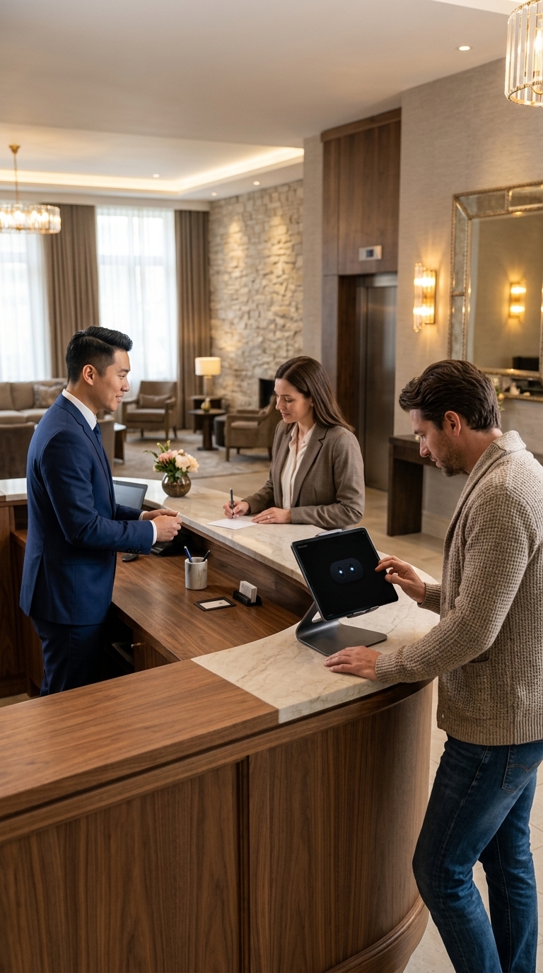 A hotel guest using the Kioskly AI voice assistant on a tablet at reception to ask common questions while staff check in another guest.